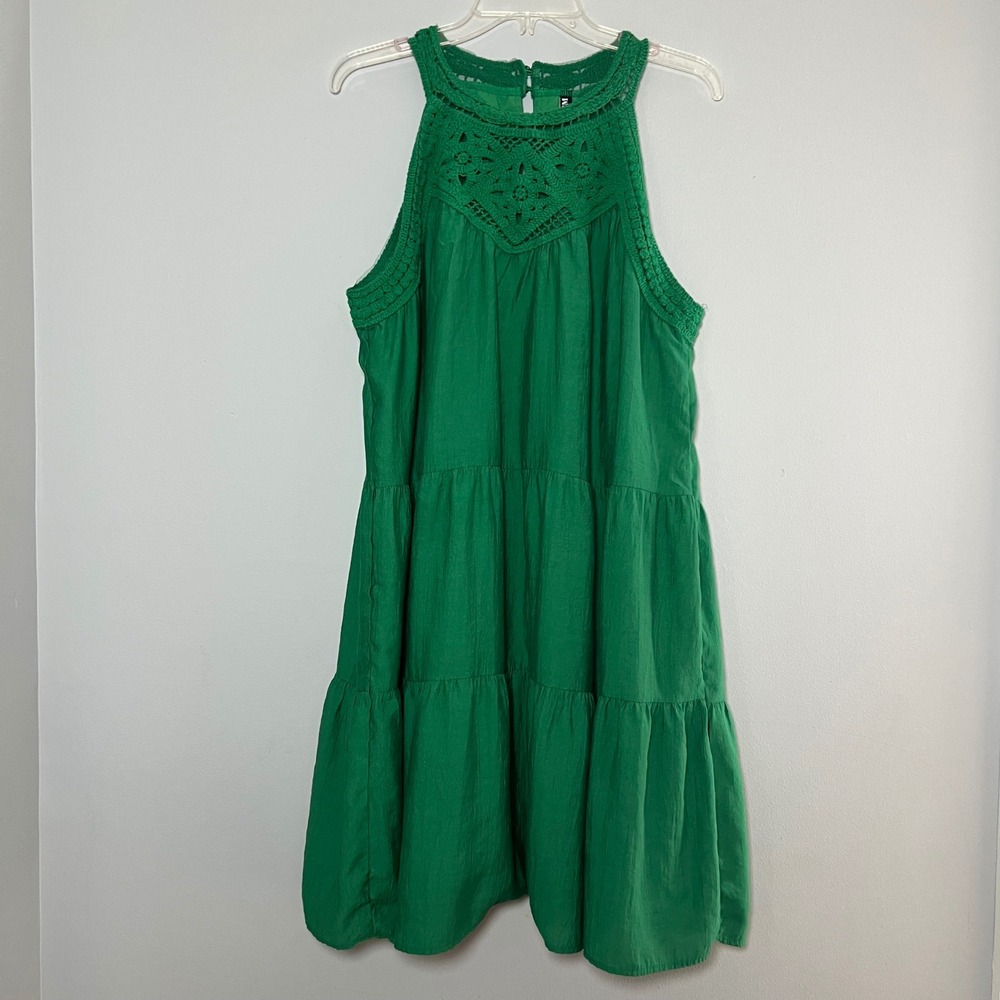 Kelly Green Crochet Lace Halter Tiered Dress Womens XL Boho Summer Flowy Lined